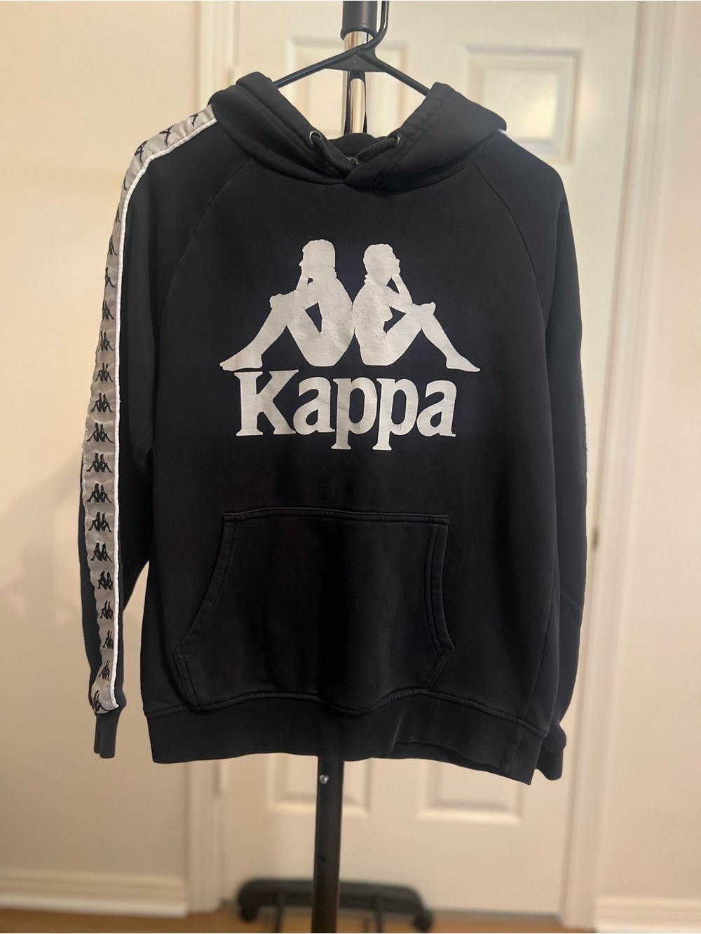 Kappa Men's Black Hoodie with White Logo and Sleeve Taping